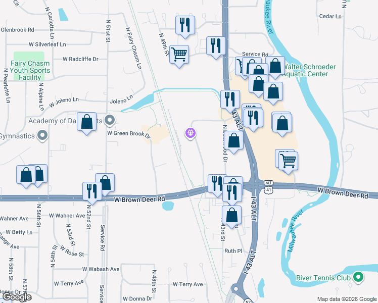 map of restaurants, bars, coffee shops, grocery stores, and more near 8949 North Deerbrook Trail in Milwaukee