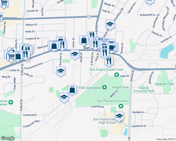 map of restaurants, bars, coffee shops, grocery stores, and more near 222 South Bristol Street in Sun Prairie