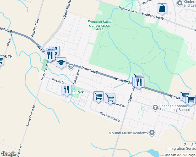 map of restaurants, bars, coffee shops, grocery stores, and more near 1890 Rymal Road East in Hamilton