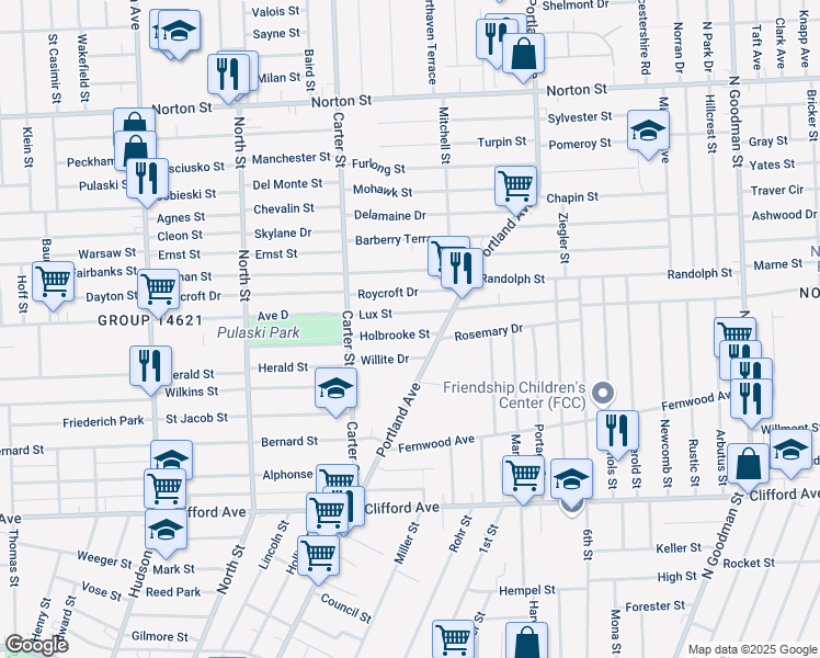 map of restaurants, bars, coffee shops, grocery stores, and more near 84 Holbrooke Street in Rochester