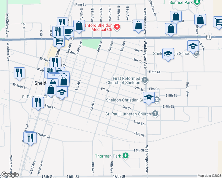 map of restaurants, bars, coffee shops, grocery stores, and more near 801 8th Street in Sheldon