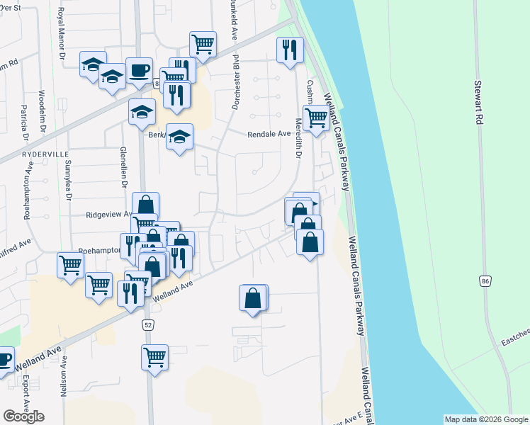map of restaurants, bars, coffee shops, grocery stores, and more near 20B Meredith Drive in St. Catharines