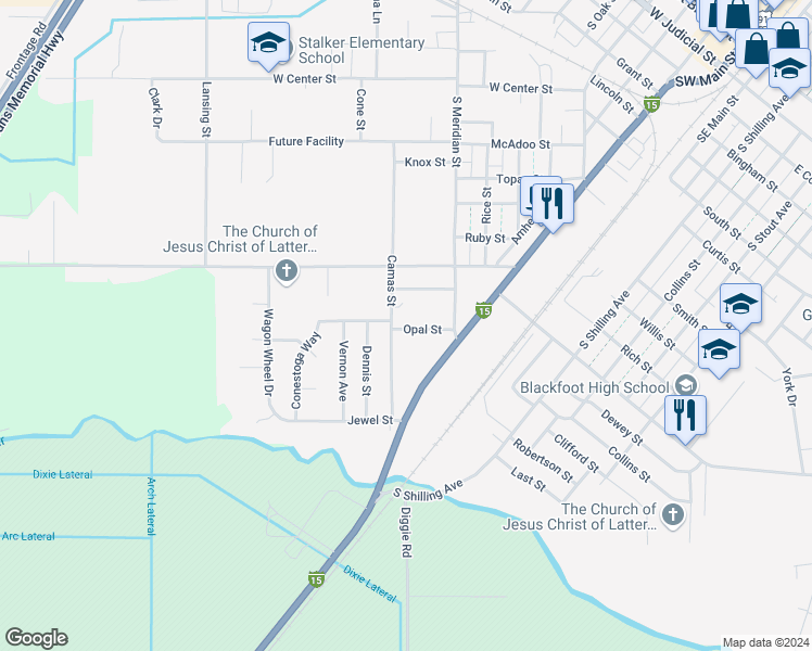 map of restaurants, bars, coffee shops, grocery stores, and more near 620 Opal Street in Blackfoot