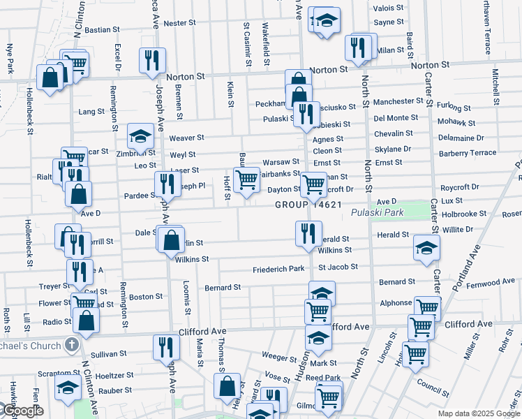map of restaurants, bars, coffee shops, grocery stores, and more near 763 Avenue D in Rochester