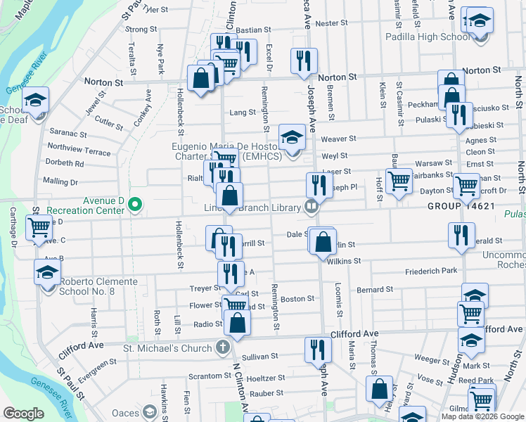 map of restaurants, bars, coffee shops, grocery stores, and more near in Rochester
