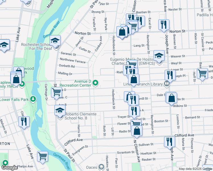 map of restaurants, bars, coffee shops, grocery stores, and more near 250 Avenue D in Rochester