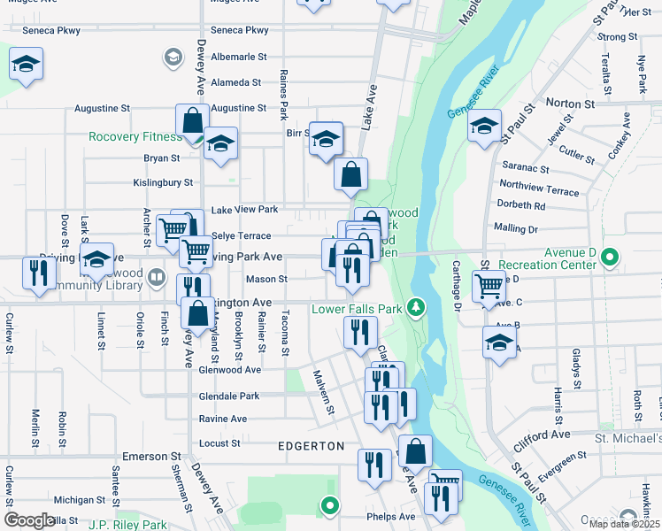 map of restaurants, bars, coffee shops, grocery stores, and more near 54 Thorn Street in Rochester
