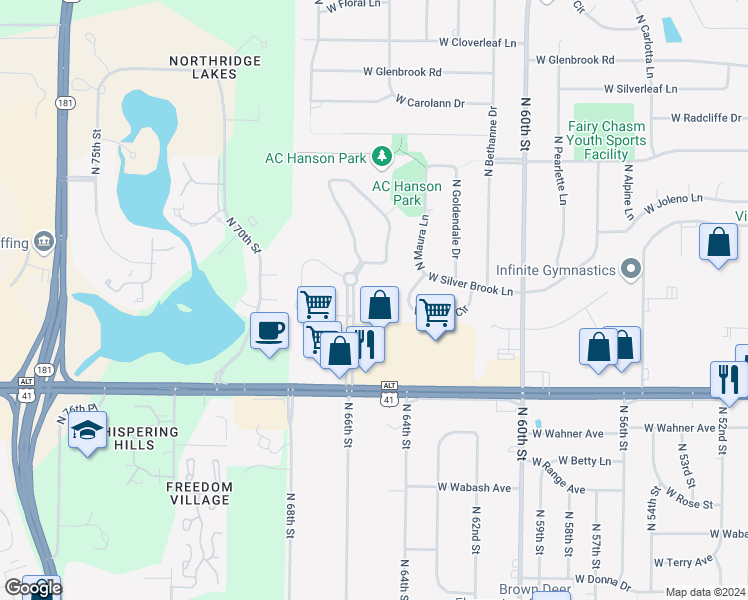 map of restaurants, bars, coffee shops, grocery stores, and more near 8900 North Park Plaza Court in Brown Deer