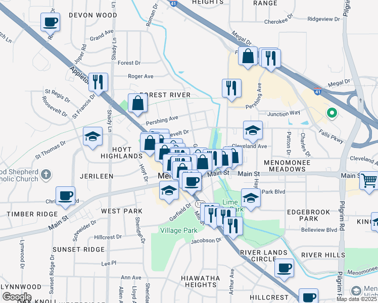 map of restaurants, bars, coffee shops, grocery stores, and more near W166N8954 Grand Avenue in Menomonee Falls