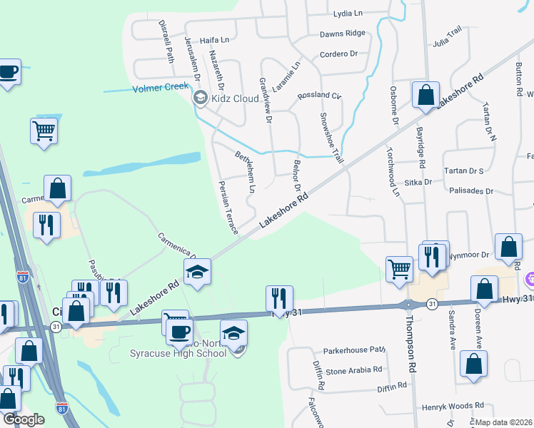 map of restaurants, bars, coffee shops, grocery stores, and more near 6117 Bethlehem Lane in Cicero