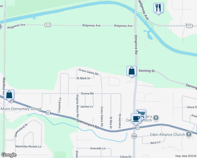 map of restaurants, bars, coffee shops, grocery stores, and more near 118 Cross Gates Road in Rochester