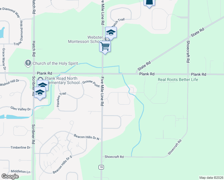 map of restaurants, bars, coffee shops, grocery stores, and more near 27 Kings Mill Court in Penfield