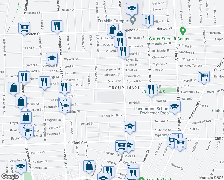 map of restaurants, bars, coffee shops, grocery stores, and more near 819 Avenue D in Rochester