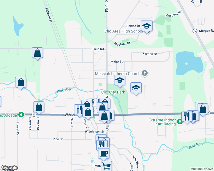map of restaurants, bars, coffee shops, grocery stores, and more near 420 North Mill Street in Clio
