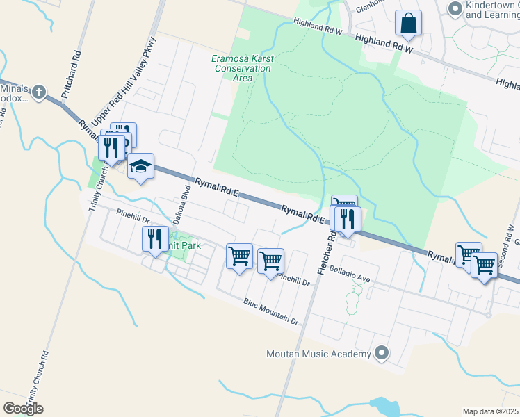 map of restaurants, bars, coffee shops, grocery stores, and more near 1898 Rymal Road East in Hamilton