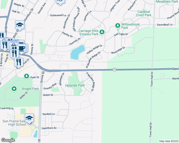 map of restaurants, bars, coffee shops, grocery stores, and more near 244 South Musket Ridge Drive in Sun Prairie
