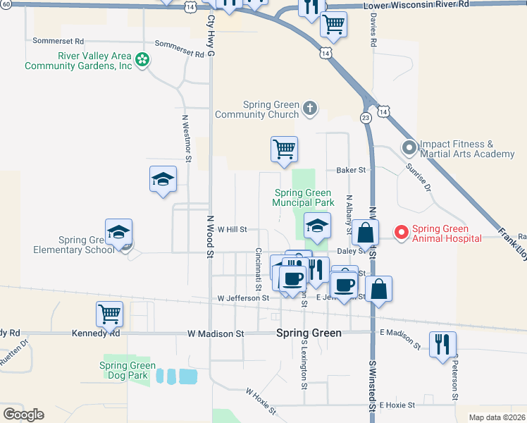 map of restaurants, bars, coffee shops, grocery stores, and more near 445 Cincinnati Street in Spring Green