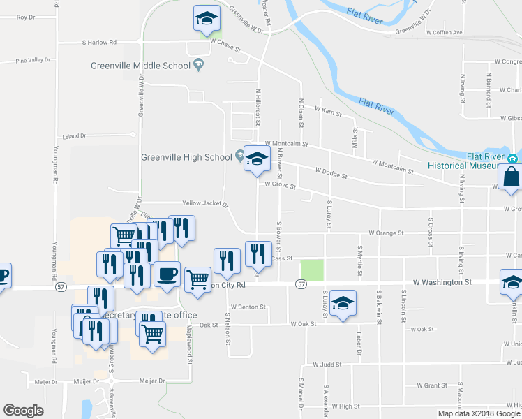 map of restaurants, bars, coffee shops, grocery stores, and more near 112 South Hillcrest Street in Greenville