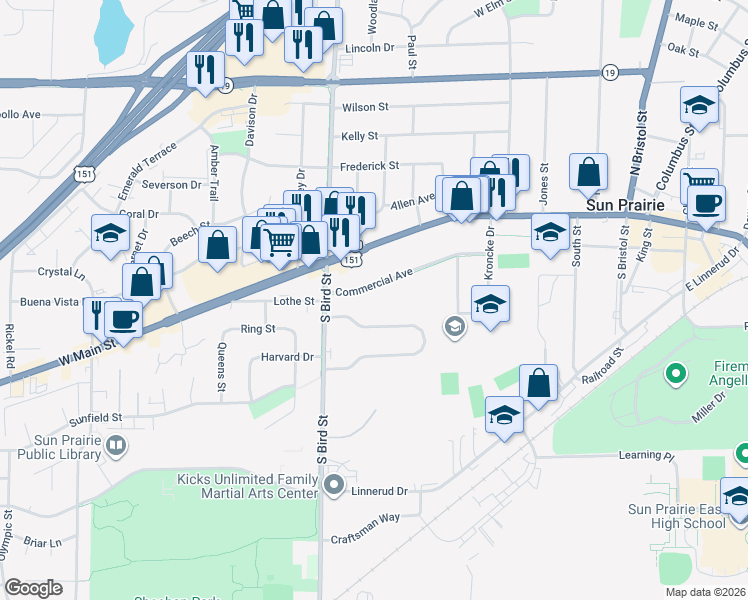 map of restaurants, bars, coffee shops, grocery stores, and more near 681 Commercial Avenue in Sun Prairie
