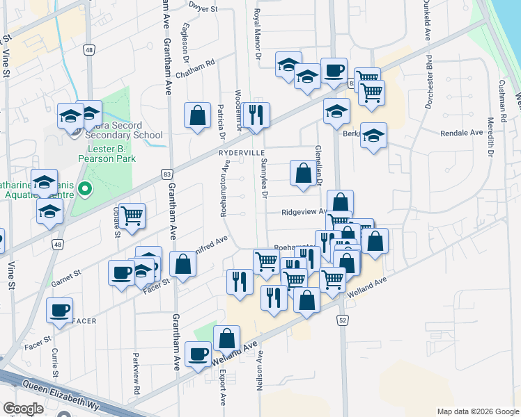 map of restaurants, bars, coffee shops, grocery stores, and more near 42 Sunnylea Drive in St. Catharines