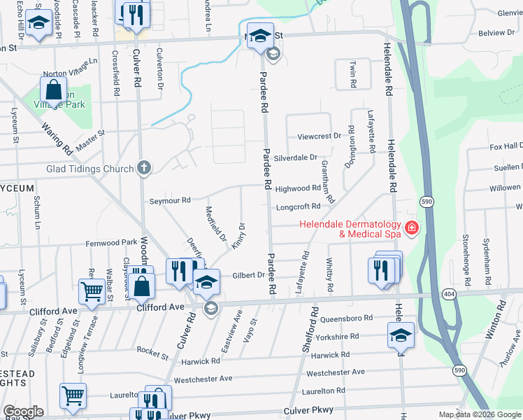 map of restaurants, bars, coffee shops, grocery stores, and more near 189 Pardee Road in Rochester