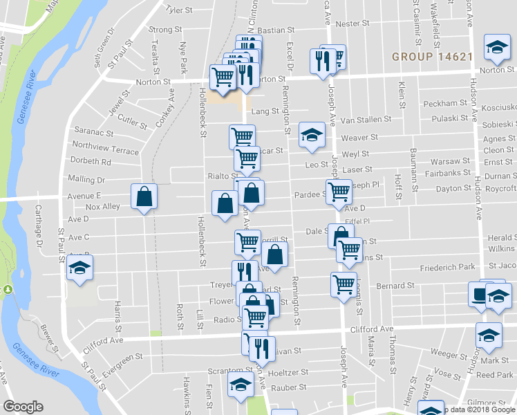 map of restaurants, bars, coffee shops, grocery stores, and more near 406 Avenue D in Rochester
