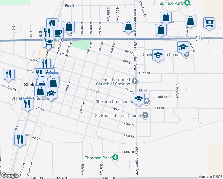 map of restaurants, bars, coffee shops, grocery stores, and more near 709 9th Avenue in Sheldon