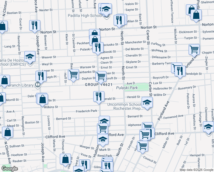 map of restaurants, bars, coffee shops, grocery stores, and more near 927 Avenue D in Rochester