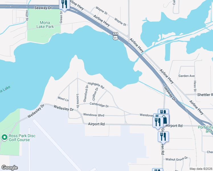 map of restaurants, bars, coffee shops, grocery stores, and more near 3930 Highgate Road in Norton Shores