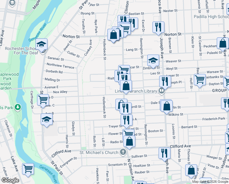 map of restaurants, bars, coffee shops, grocery stores, and more near 352 Avenue D in Rochester
