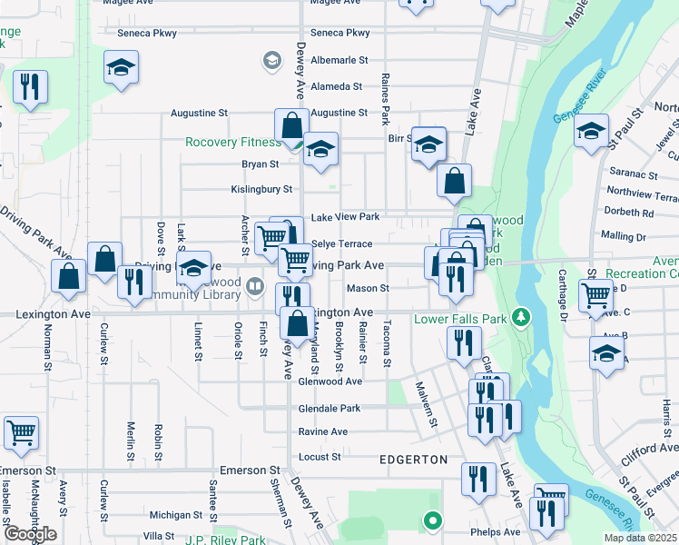 map of restaurants, bars, coffee shops, grocery stores, and more near 265 Driving Park Avenue in Rochester