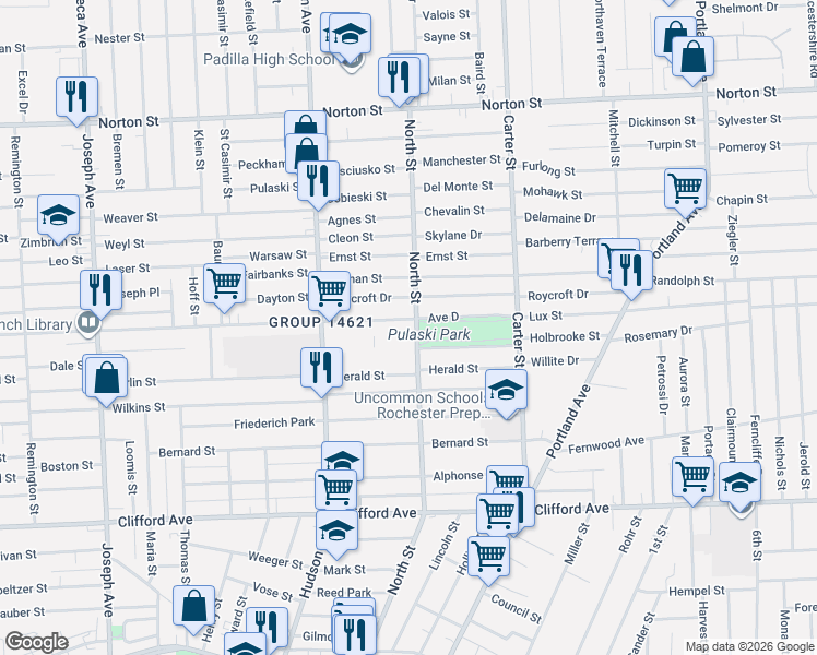 map of restaurants, bars, coffee shops, grocery stores, and more near 975 Avenue D in Rochester