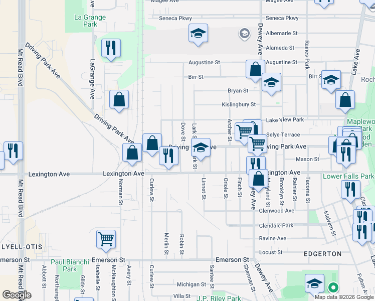 map of restaurants, bars, coffee shops, grocery stores, and more near 53 Lark Street in Rochester