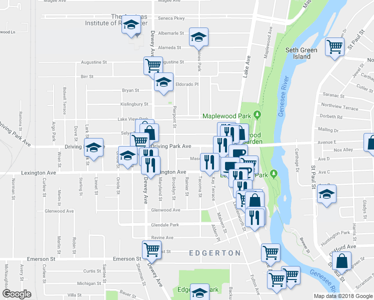 map of restaurants, bars, coffee shops, grocery stores, and more near 225 Driving Park Avenue in Rochester