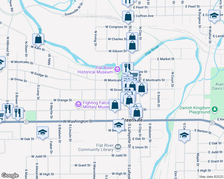 map of restaurants, bars, coffee shops, grocery stores, and more near 211 West Grove Street in Greenville