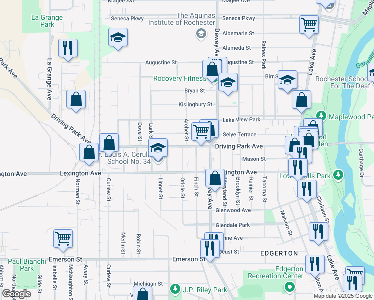 map of restaurants, bars, coffee shops, grocery stores, and more near 421 Driving Park Avenue in Rochester