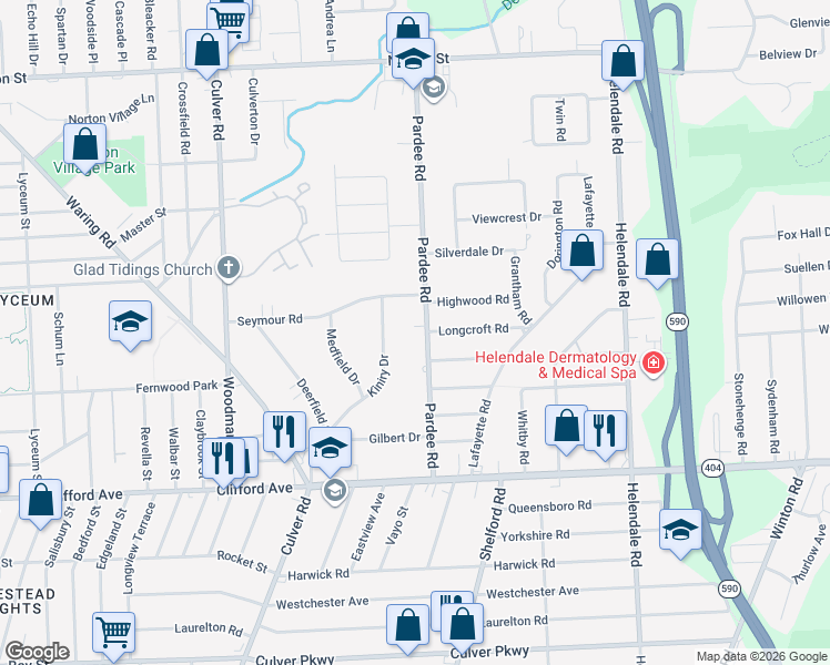 map of restaurants, bars, coffee shops, grocery stores, and more near 189 Pardee Road in Rochester