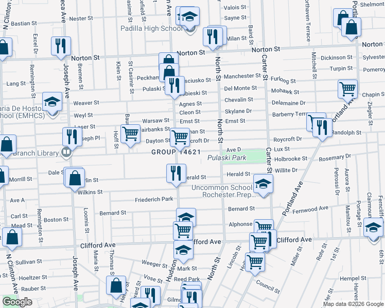 map of restaurants, bars, coffee shops, grocery stores, and more near 927 Avenue D in Rochester