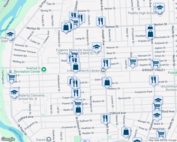 map of restaurants, bars, coffee shops, grocery stores, and more near in Rochester