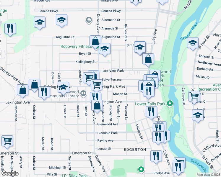 map of restaurants, bars, coffee shops, grocery stores, and more near in Rochester