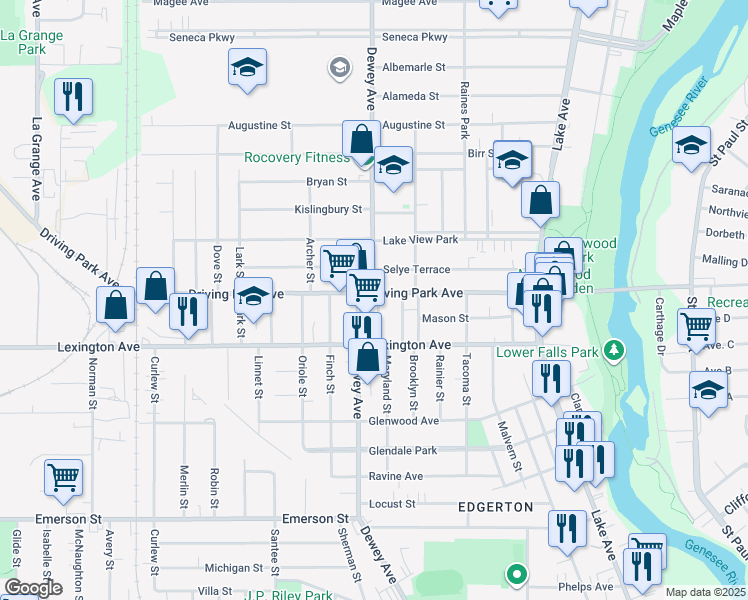 map of restaurants, bars, coffee shops, grocery stores, and more near 18 Broezel Street in Rochester
