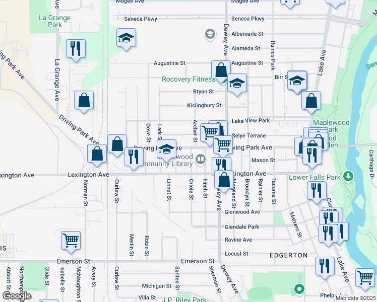 map of restaurants, bars, coffee shops, grocery stores, and more near 218 Oriole Street in Rochester