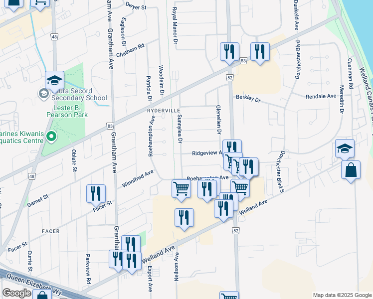map of restaurants, bars, coffee shops, grocery stores, and more near 42 Sunnylea Drive in St. Catharines