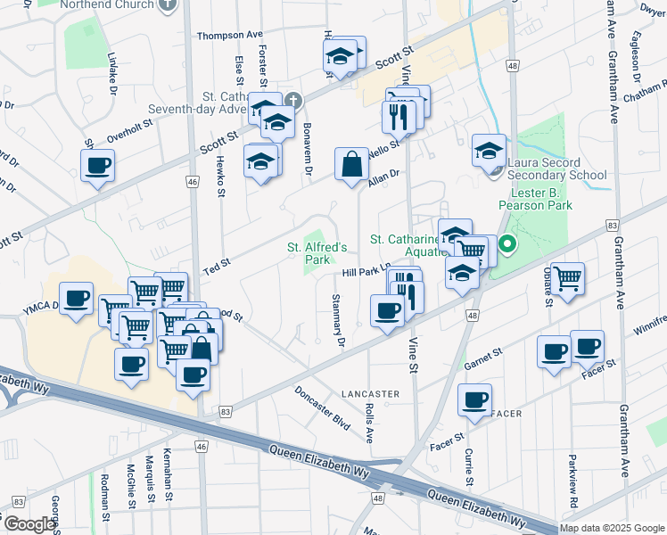 map of restaurants, bars, coffee shops, grocery stores, and more near in St. Catharines
