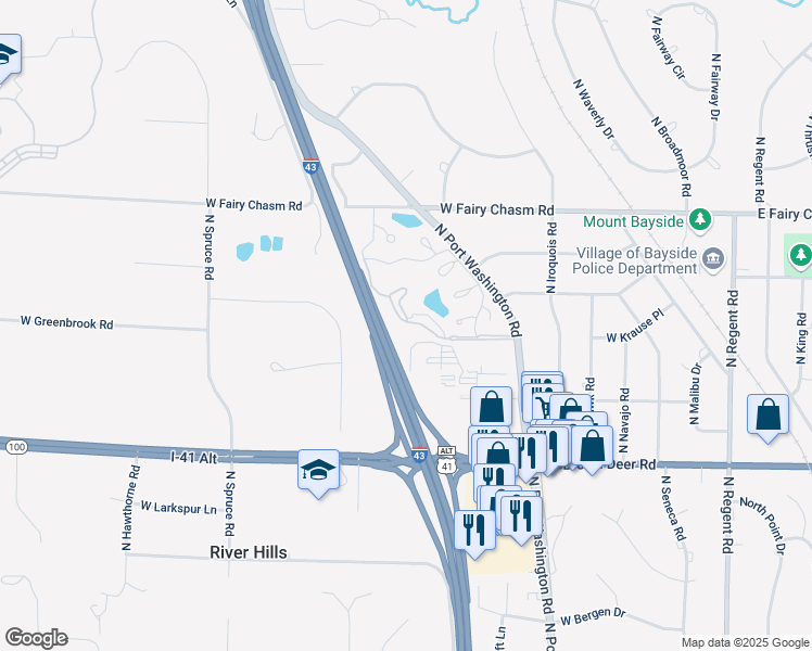 map of restaurants, bars, coffee shops, grocery stores, and more near 9100 North White Oak Lane in Bayside