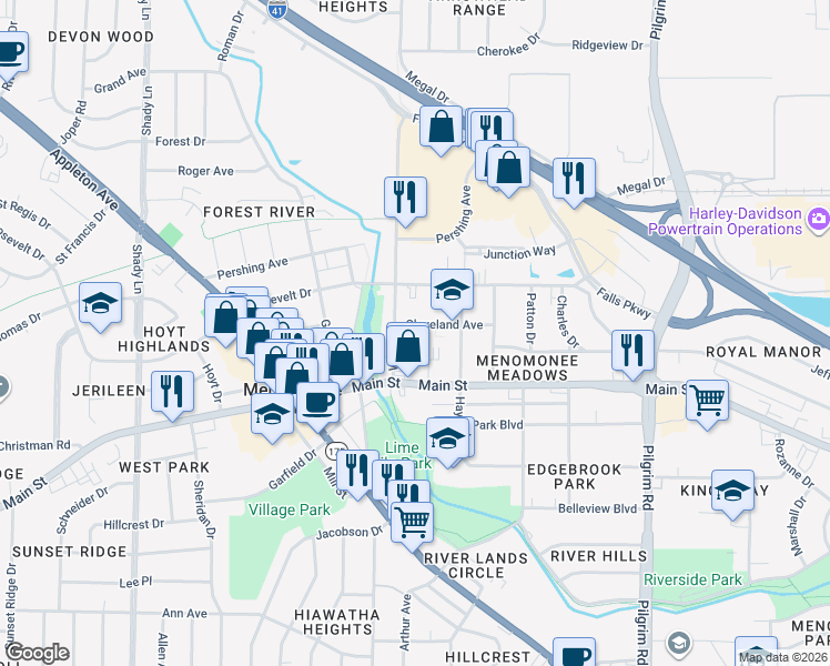 map of restaurants, bars, coffee shops, grocery stores, and more near W164N8960 Water Street in Menomonee Falls