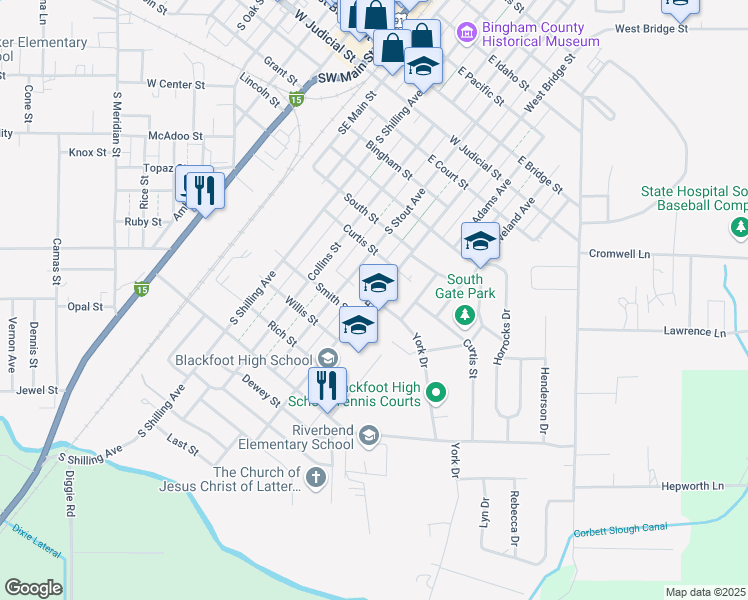 map of restaurants, bars, coffee shops, grocery stores, and more near 460 York Drive in Blackfoot
