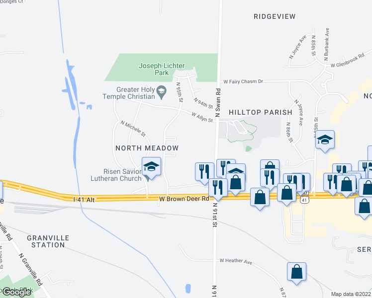 map of restaurants, bars, coffee shops, grocery stores, and more near 8970 North 95th Street in Milwaukee