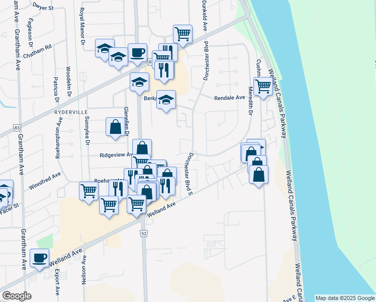 map of restaurants, bars, coffee shops, grocery stores, and more near 57 Dorchester Boulevard in St. Catharines