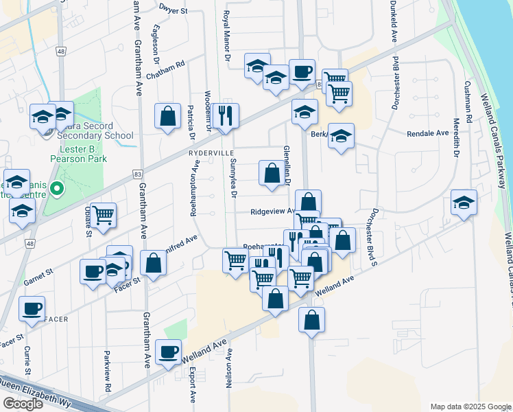 map of restaurants, bars, coffee shops, grocery stores, and more near 11 Ridgeview Avenue in St. Catharines